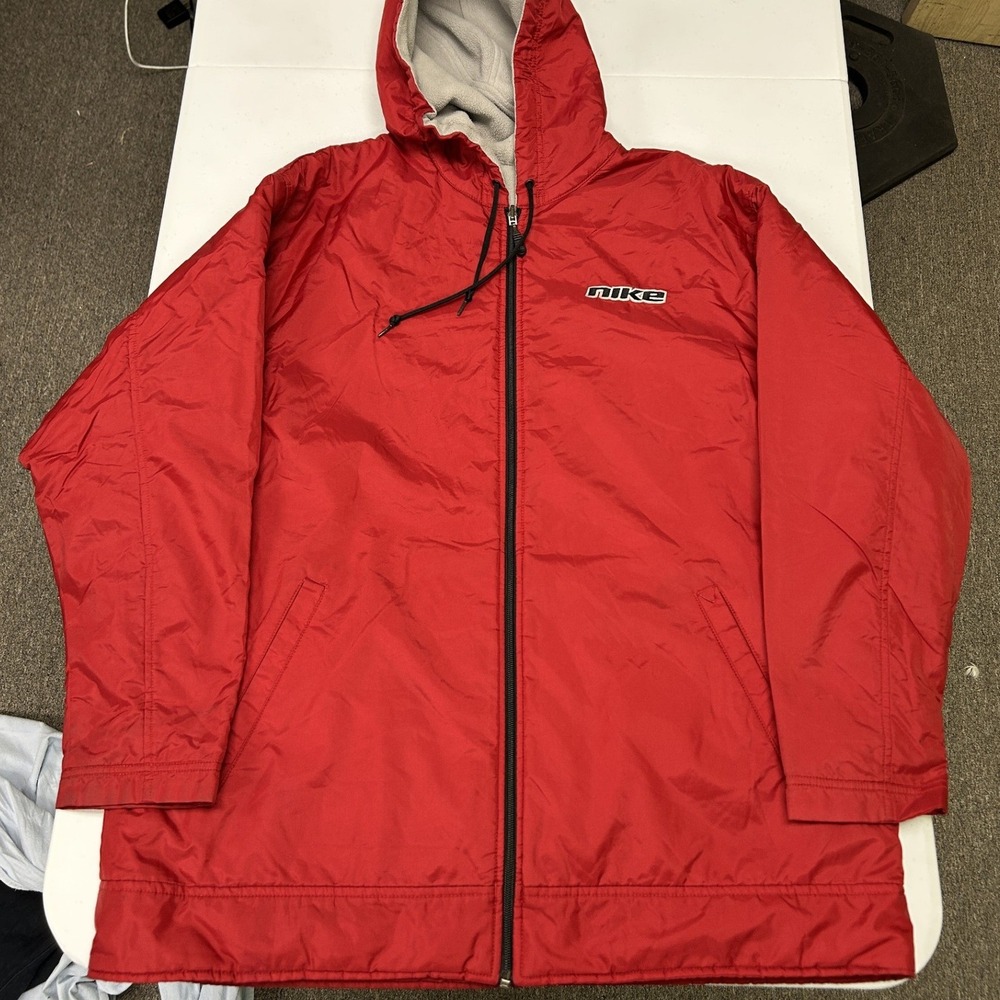 Nike Hooded Windbreaker Jacket Mens L Red Fleece Lined Vintage Full Zip Parka